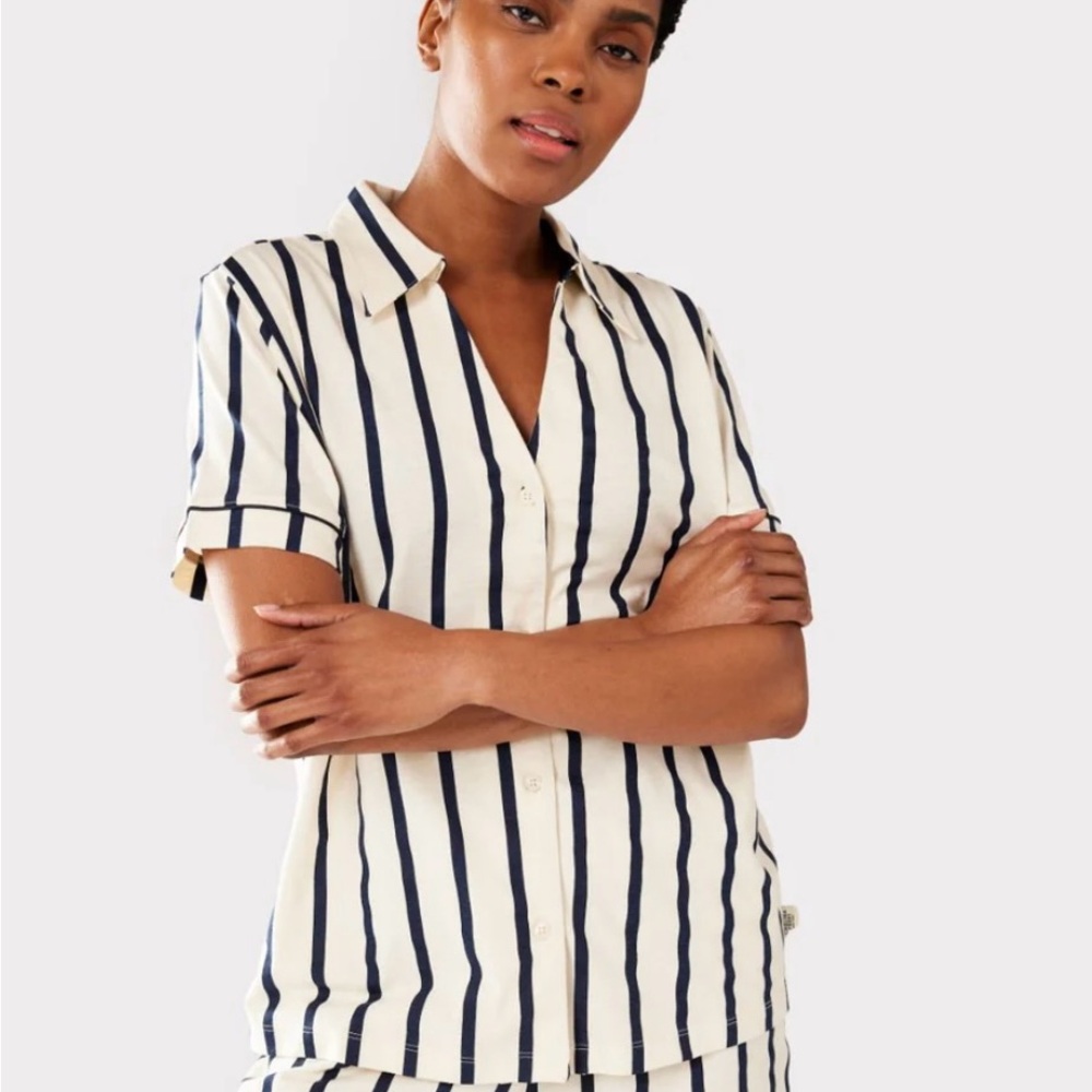 Chelsea Peers Organic Cotton Stripe Short Pyjama Set - Navy